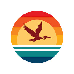 Vintage Sunset with Pelican Flying Silhouette Artwork