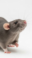 Close-up of gray rat, soft fur texture, pink ears and nose White background, free space for text, showcasing pet rodent, animal portrait
