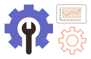 Gear with a wrench representing tools or engineering, simple chart with growth trend, smaller gear design. Ideal for maintenance, productivity, growth, engineering, mechanics, progress optimization