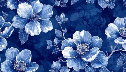 Floral pattern, blue and white flowers on a dark background