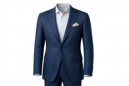 Classic blue business suit with light blue shirt and pocket square, perfect for representing professionalism and style, isolated on transparent background
