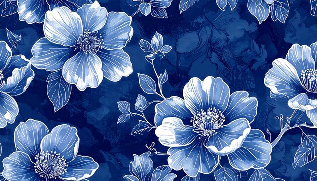 Floral pattern, blue and white flowers on a dark background - Powered by Adobe