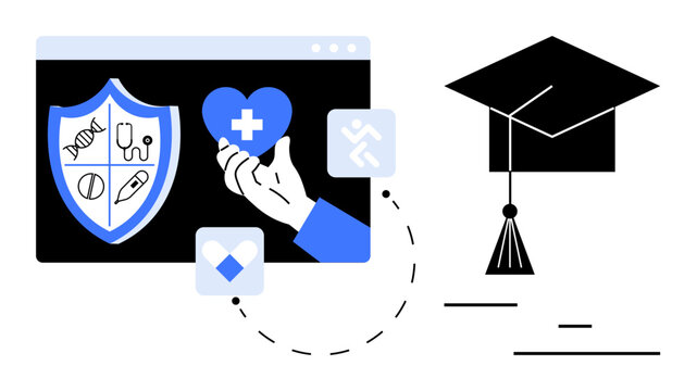 Shield with medical symbols, hand holding heart icon, and graduation cap highlight links between health and education. Ideal for healthcare learning, e-learning platforms, medical training, student