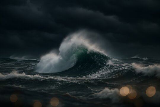 A dramatic ocean storm illustration featuring a powerful central wave cresting with white foam under a dark, cloud-filled sky.