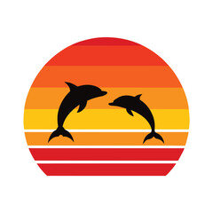Retro Sunset with Dolphins Jumping Silhouette Vector