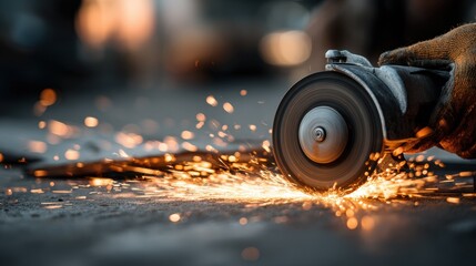 Medium view of a rotating angle grinder sparking on metal surface highlighting the tools disc sharply while hands and backdrop are blurred.
