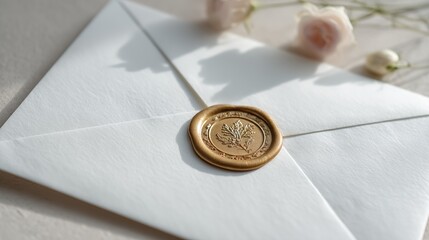 White Envelope with Gold Wax Seal and Blush Flowers, Close Up on Beige Table
