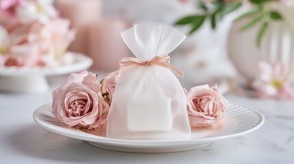 Sheer Organza Favor Bag on White Plate with Pink Roses, Wedding Table Setting, Close Up