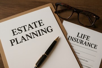 Estate Planning and Life Insurance documents on a wooden desk. 