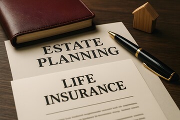 Estate planning and life insurance documents alongside a miniature wooden house. 