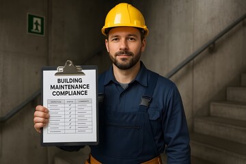 A construction worker holding a building maintenance compliance checklist. 