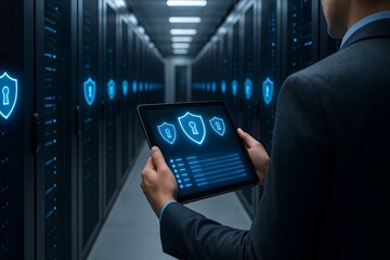 A man in a suit examining a tablet in a server room. 