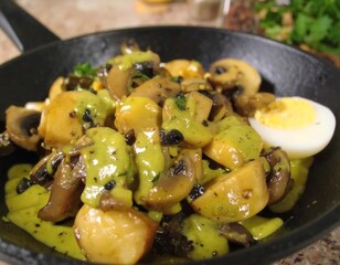 Sauteed mushrooms with a vibrant green sauce and egg