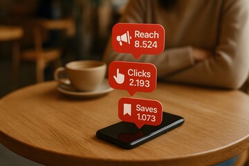 Social media metrics displayed on a smartphone sitting on a wooden table near a cup of coffee.