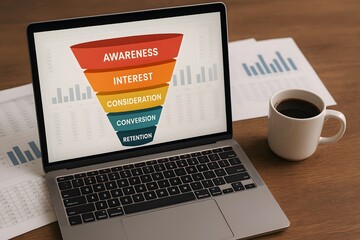Marketing funnel concept displayed on a laptop screen, next to a cup of coffee and paperwork. 