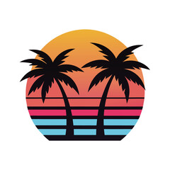 Palm Trees Framing Retro Sunset Flat Color Illustration