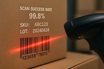 Barcode scanner scans a cardboard box with success rate details. 
