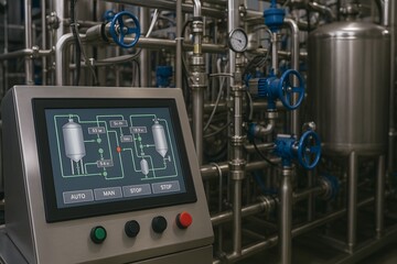 An industrial plant control panel with intricate machinery. 