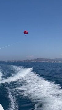 Parasaling over the sea . Holiday activity Parasaling in Kusadasi, Turkey