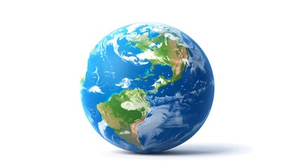 Fototapeta premium A photorealistic depiction of Earth, showcasing continents and oceans against a stark white backdrop. The planet's sphere is illuminated, with a visible shadow adding depth. Detail reveals clouds