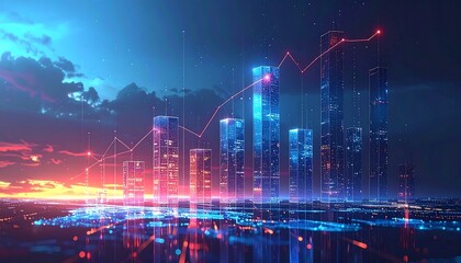 Futuristic city skyline with upward trend graph