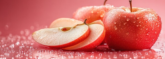 Fresh apple slices glistening with water droplets on a vibrant pink background