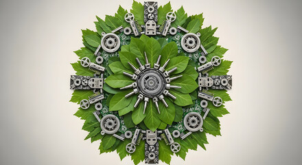 Sustainable technology concept featuring green leaves and mechanical components arrangement