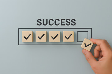 Achieving Success: A hand placing the final checkmark on a checklist, signifying the culmination of hard work and dedication towards a goal, with the word SUCCESS above.