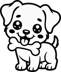 Vector art of adorable puppy cute cartoon dog with bone in mouth funny pet animal illustration for kids black and white outline drawing for coloring book