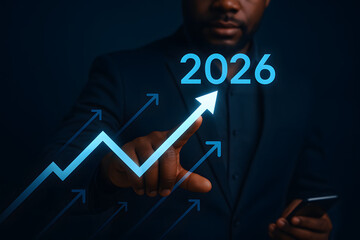 Future Projection: An individual points towards a rising trend line in 2026, visually representing future growth and progress.