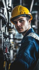 mechanical engineer uniform, industrial background generative ai