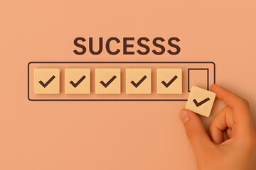 Success Progress Visualization: A conceptual image displays a hand placing the final checkmark, completing the word SUCESSS and representing the accomplishment of a goal.