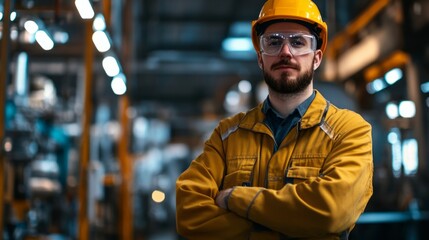 mechanical engineer uniform, industrial background generative ai