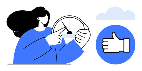 Woman interacting with a speedometer, hand pointing to the gauge, thumbs-up symbol, and a cloud. Ideal for motivation, success, performance tracking, feedback, progress goal setting simple landing