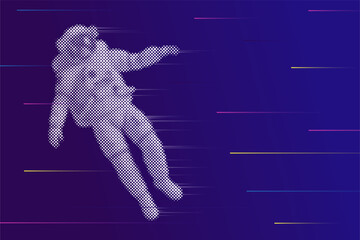 Illustrative vector design of digital astronaut made with pixels on purple gradient background © B. Villeda