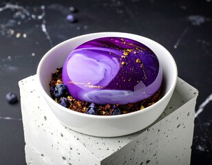 Purple, glossy dessert sphere in white bowl, on grey concrete