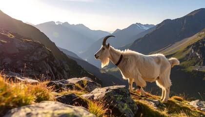 White goat on mountain peak at sunrise