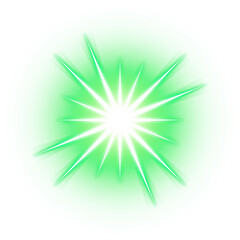 Green glowing starburst light with circular aura on transparent background
