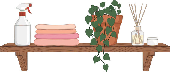 Bathroom shelf decor, folded towels, spray bottle, potted plant, candle and diffuser, cozy home setup, cad drawing flat vector illustration