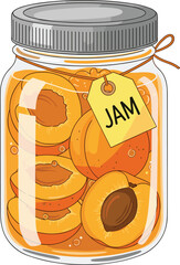 Apricot jam jar illustration, whole and halved fruit, homemade preserve vector, sweet dessert concept, cad drawing flat vector illustration