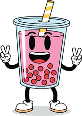 Cartoon bubble tea character, pink drink with peace signs, smiling beverage mascot, playful food illustration, cad drawing flat vector illustration