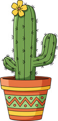 Cartoon cactus in terracotta pot, green succulent with yellow flower, decorative plant illustration, cad drawing flat vector illustration