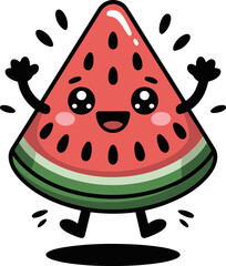 Vector art of delightful watermelon slice character with a cheerful smile and raised arms, this cute illustration is perfect for summerthemed designs, fruit art, and playful graphics