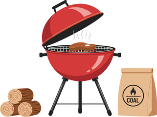 Cartoon charcoal grill with meat, red barbecue setup with wood and coal bag, cad drawing flat vector illustration