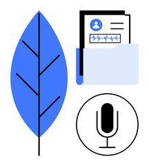Blue leaf, document folder containing profile and audio waveform, large microphone icon. Ideal for sustainability, technology, data sharing, communication, eco-friendly practices, design and simple
