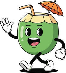 Cartoon coconut drink character, smiling tropical mascot with umbrella and straw, summer beverage illustration, cad drawing flat vector illustration