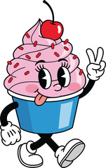 Cartoon cupcake character, pink frosting mascot, cheerful dessert illustration, fun food vector, playful snack design, cad drawing flat vector illustration