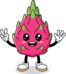 Cartoon dragon fruit character, smiling tropical mascot with peace sign, playful exotic fruit illustration, cad drawing flat vector illustration