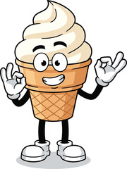 Cartoon ice cream character, waffle cone mascot, smiling dessert illustration, fun food vector, playful snack design, cad drawing flat vector illustration