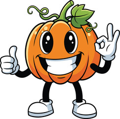 Cartoon pumpkin character, smiling autumn mascot with thumbs-up and OK sign, festive vegetable illustration, cad drawing flat vector illustration